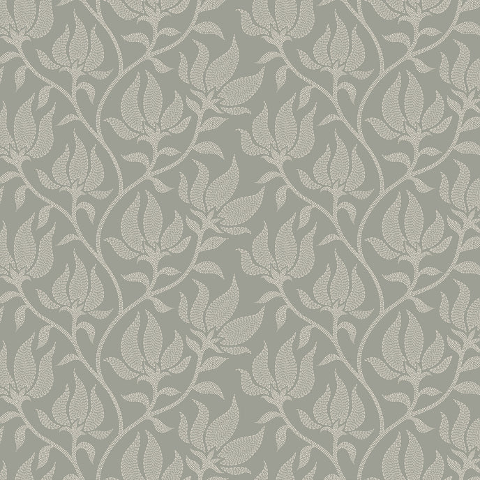 Sage grey botanical wallpaper with a seamless repeat, featuring ivory stylised floral blooms and delicate foliage with hand drawn detailing.