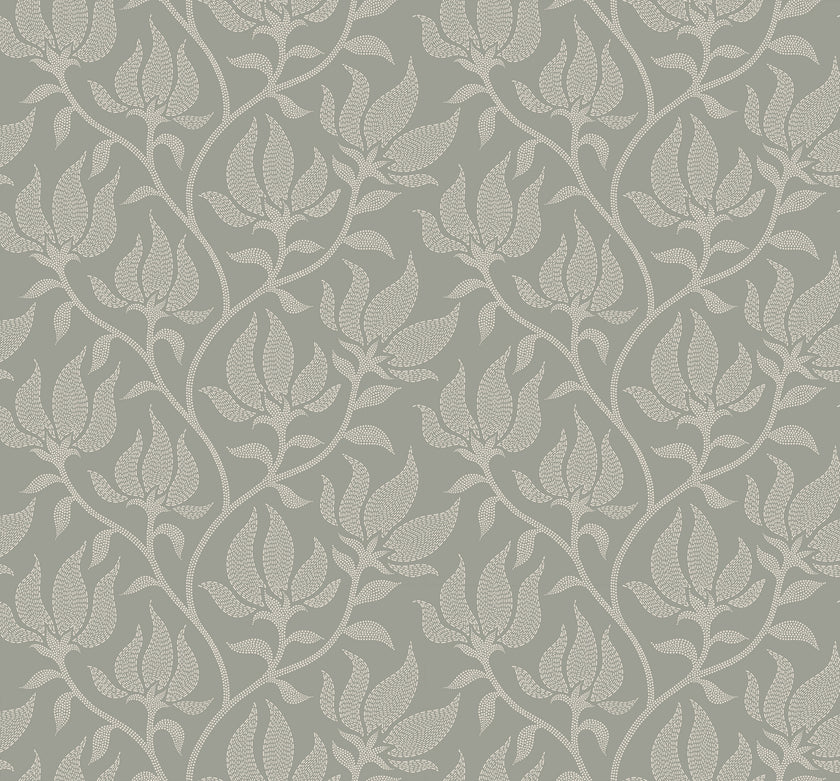 Sage grey botanical wallpaper with a seamless repeat, featuring ivory stylised floral blooms and delicate foliage with hand drawn detailing.