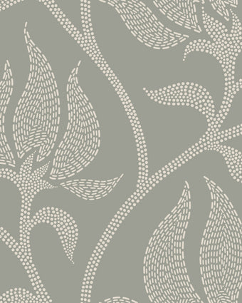 Sage grey botanical wallpaper with a seamless repeat, featuring ivory stylised floral blooms and delicate foliage with hand drawn detailing.