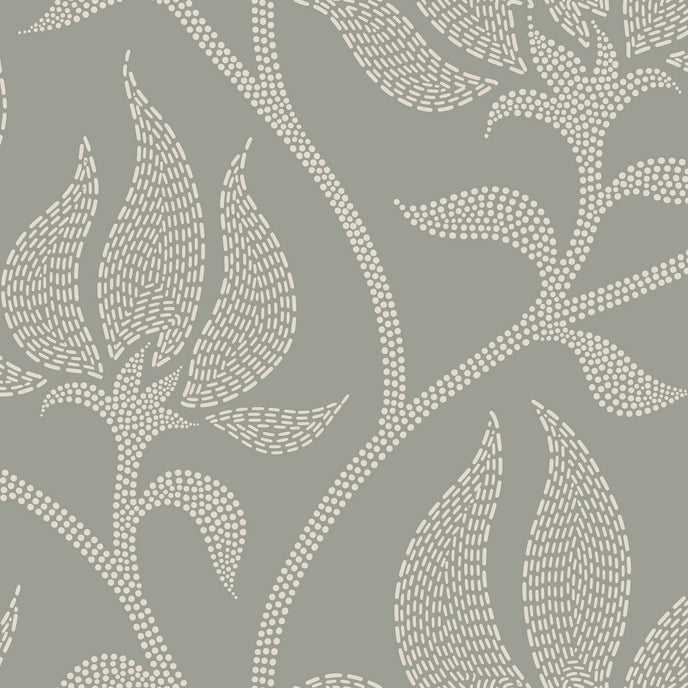 Sage grey botanical wallpaper with a seamless repeat, featuring ivory stylised floral blooms and delicate foliage with hand drawn detailing.
