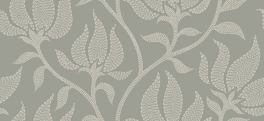 Sage grey botanical wallpaper with a seamless repeat, featuring ivory stylised floral blooms and delicate foliage with hand drawn detailing.