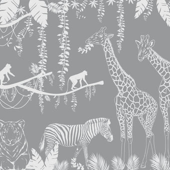 Playful monochrome safari mural with giraffes, monkeys, a zebra, and a gentle big cat among tropical leaves.