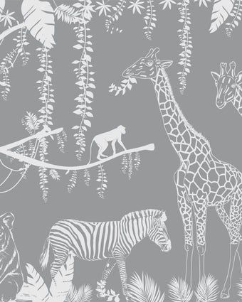 Playful monochrome safari mural with giraffes, monkeys, a zebra, and a gentle big cat among tropical leaves.