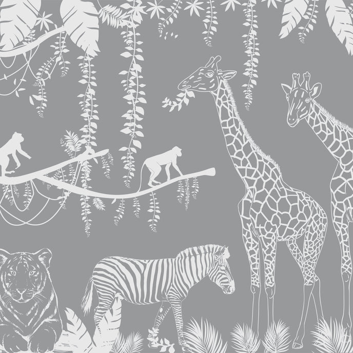 Playful monochrome safari mural with giraffes, monkeys, a zebra, and a gentle big cat among tropical leaves.