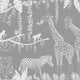 Playful monochrome safari mural with giraffes, monkeys, a zebra, and a gentle big cat among tropical leaves.