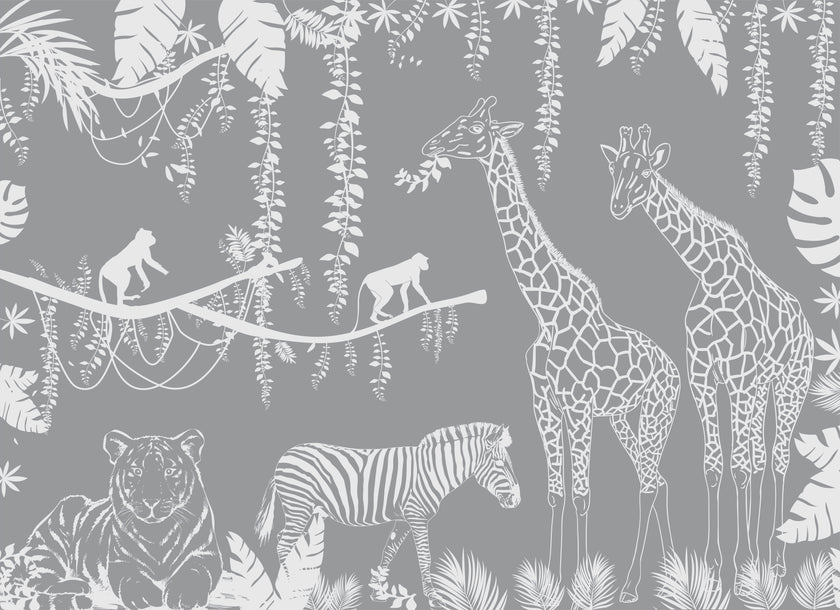 Playful monochrome safari mural with giraffes, monkeys, a zebra, and a gentle big cat among tropical leaves.