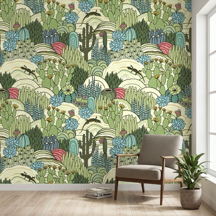 Seamless Hello Aloe mural on a modern living room wall with vibrant green cactus and floral pattern, softly lit by natural light.