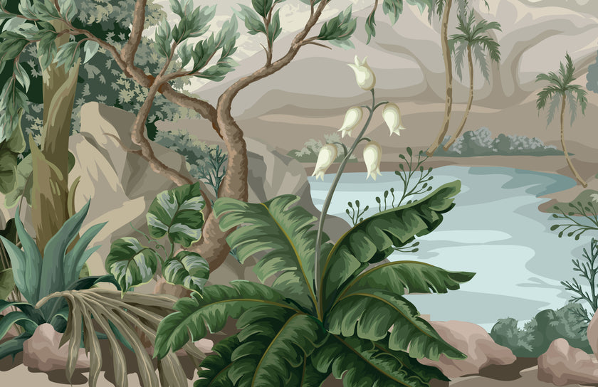 A close up of a tropical mural with lush green palms and foliage surrounding a blue lagoon with soft mountains in the background.