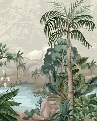 Tropical mural with lush green palms and foliage surrounding a blue lagoon with soft mountains in the background.