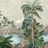 Tropical mural with lush green palms and foliage surrounding a blue lagoon with soft mountains in the background.