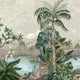 Tropical mural with lush green palms and foliage surrounding a blue lagoon with soft mountains in the background.