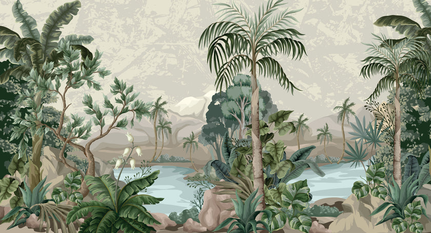 Tropical mural with lush green palms and foliage surrounding a blue lagoon with soft mountains in the background.
