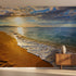 High-resolution beach sunset mural on a single wall, offering a serene ocean scene with a multicolored sky and calm waves.