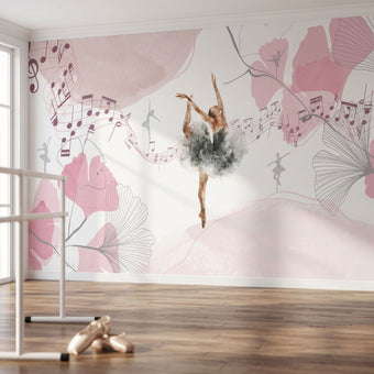 Close-up of Arabesque Pirouette mural highlighting floral ballet patterns in soft pink hues with textured details.