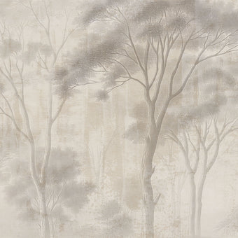 Neutral woodland wallpaper with soft ivory and taupe trees in a misty forest landscape.