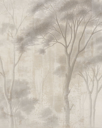 Neutral woodland wallpaper with soft ivory and taupe trees in a misty forest landscape.