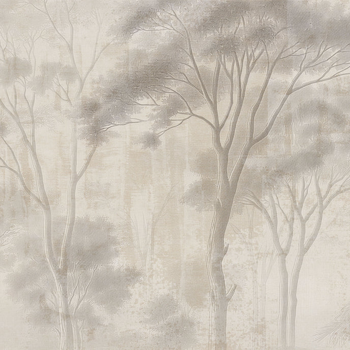 Neutral woodland wallpaper with soft ivory and taupe trees in a misty forest landscape.