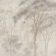 Neutral woodland wallpaper with soft ivory and taupe trees in a misty forest landscape.