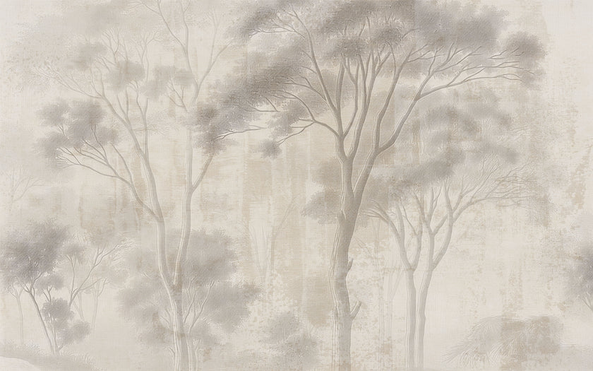 Neutral woodland wallpaper with soft ivory and taupe trees in a misty forest landscape.