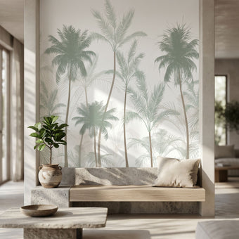 Detailed close-up showing textured surface and lush greenery of Land of Leisure mural with soft lighting.