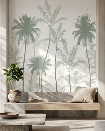 Detailed close-up showing textured surface and lush greenery of Land of Leisure mural with soft lighting.
