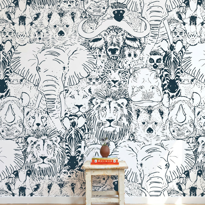 Entire wall African-themed mural with seamless elephants, giraffes, and zebras, filling a modern interior with vibrant colors and detail.