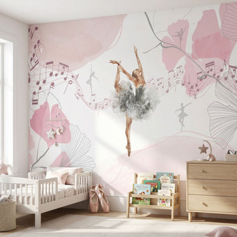 Full-body view of Arabesque Pirouette mural in a bright kids' room showcasing elegant pink floral ballet motifs.