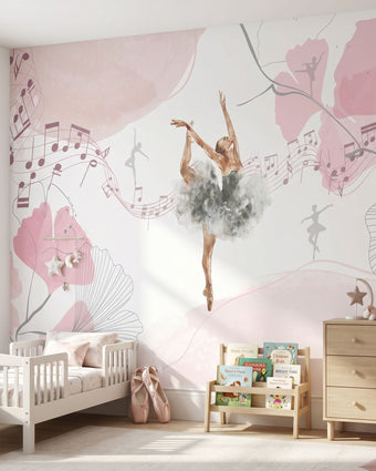 Full-body view of Arabesque Pirouette mural in a bright kids' room showcasing elegant pink floral ballet motifs.