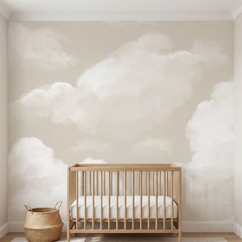 Full-wall view of 'Daydream Haze' mural with beige clouds in a bright nursery, emphasizing detailed textures and pattern coverage.