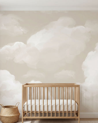 Full-wall view of 'Daydream Haze' mural with beige clouds in a bright nursery, emphasizing detailed textures and pattern coverage.