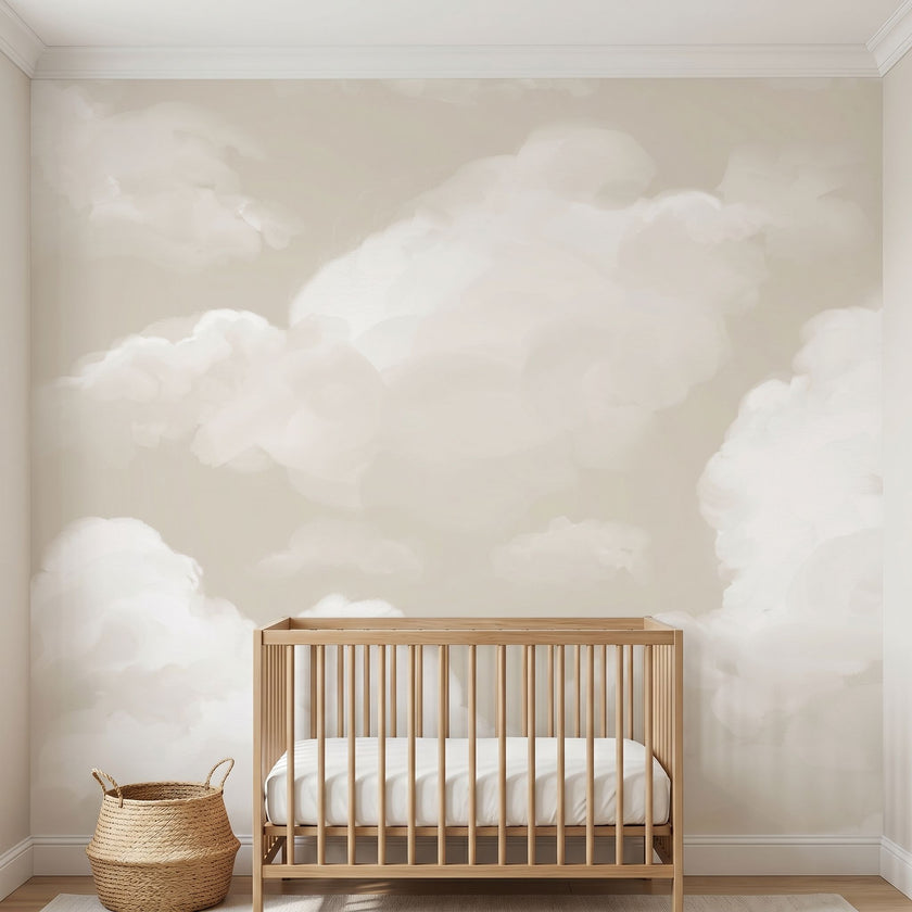 Full-wall view of 'Daydream Haze' mural with beige clouds in a bright nursery, emphasizing detailed textures and pattern coverage.
