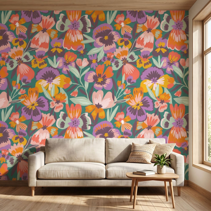 Dramatic mural of multicoloured playful pansies covering an entire wall in a lively interior setting.
