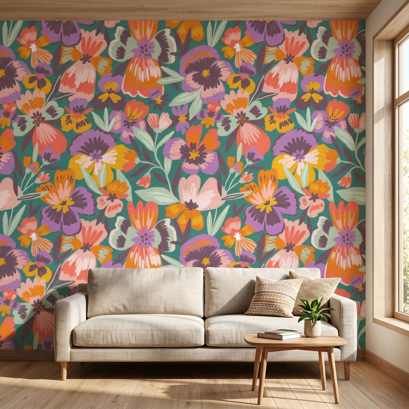 Dramatic mural of multicoloured playful pansies covering an entire wall in a lively interior setting.