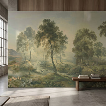 Full-length view of prairie landscape mural on a modern wall, emphasizing depth, texture, and vintage tone.