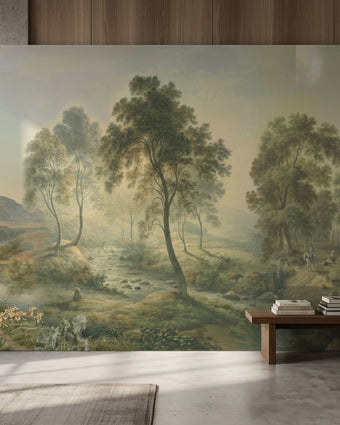 Full-length view of prairie landscape mural on a modern wall, emphasizing depth, texture, and vintage tone.