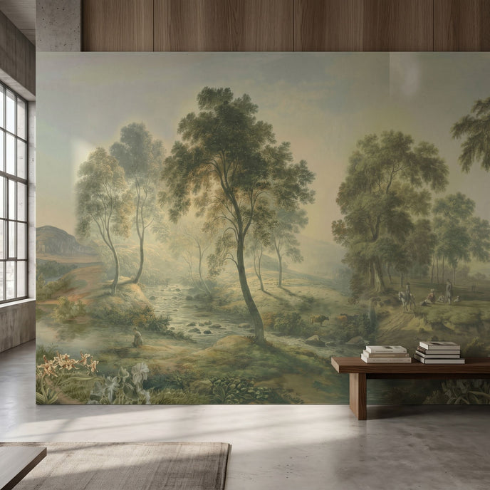 Full-length view of prairie landscape mural on a modern wall, emphasizing depth, texture, and vintage tone.