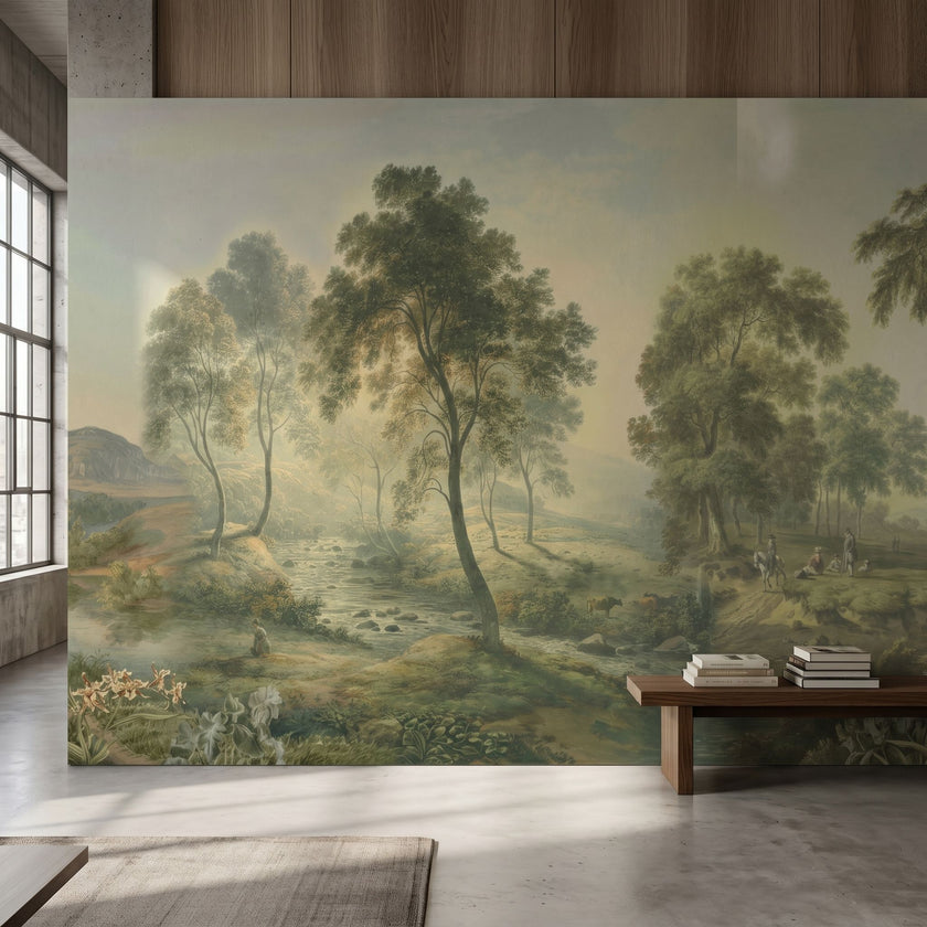 Full-length view of prairie landscape mural on a modern wall, emphasizing depth, texture, and vintage tone.