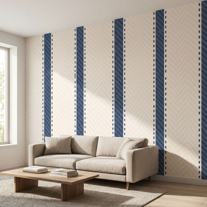 Expansive view of a mural covering an entire wall in a minimalist space with natural lighting, emphasizing vibrant geometric pattern.