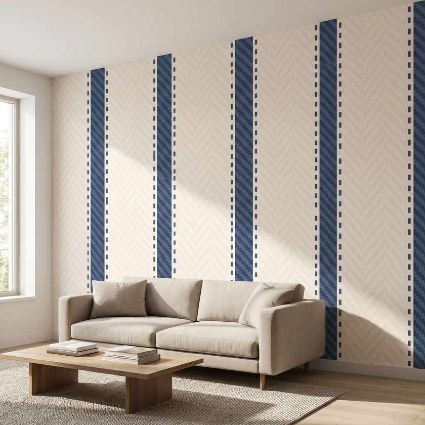 Expansive view of a mural covering an entire wall in a minimalist space with natural lighting, emphasizing vibrant geometric pattern.