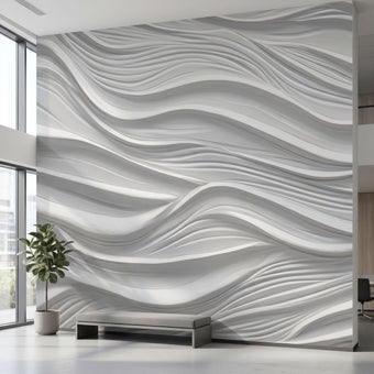 Large wall mural with seamless grey and white geometric pattern in a minimalistic modern interior, covering the entire wall.