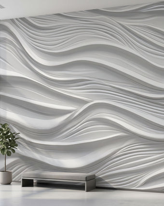 Large wall mural with seamless grey and white geometric pattern in a minimalistic modern interior, covering the entire wall.