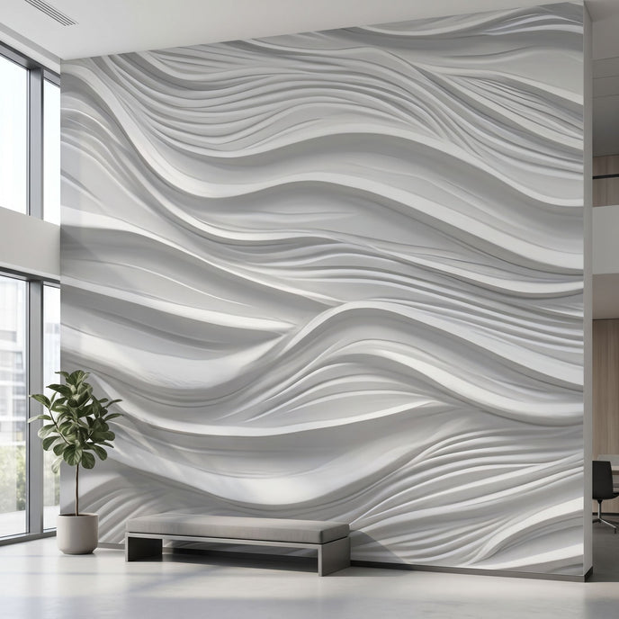 Large wall mural with seamless grey and white geometric pattern in a minimalistic modern interior, covering the entire wall.