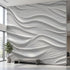 Large wall mural with seamless grey and white geometric pattern in a minimalistic modern interior, covering the entire wall.