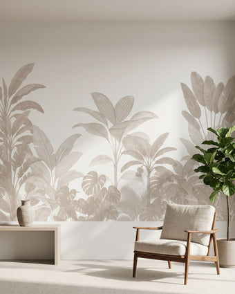 Full view of the Sanctuary mural on a large wall, depicting lush forest, tropical elements, and butterfly motifs in an elegant interior.