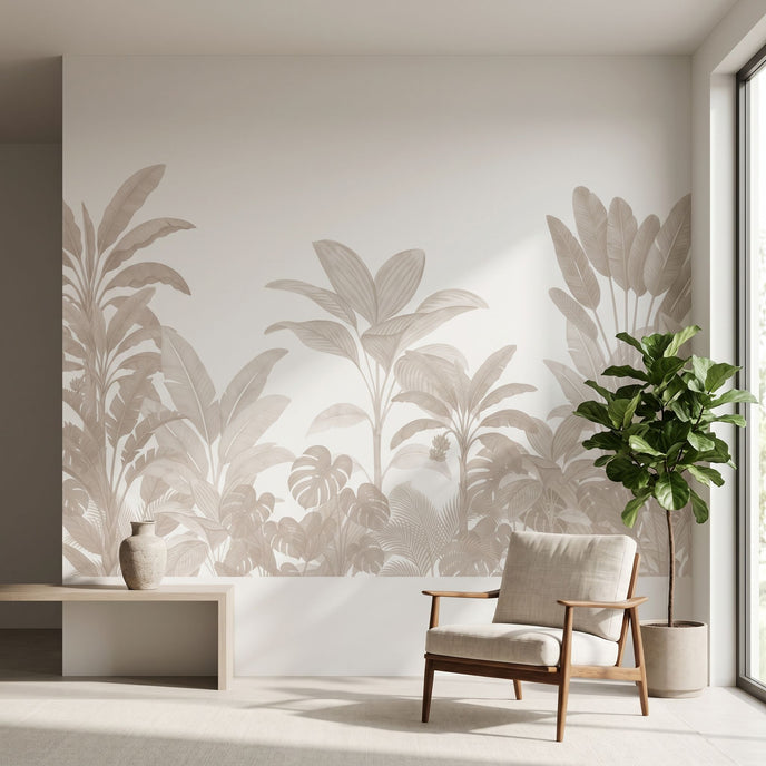 Full view of the Sanctuary mural on a large wall, depicting lush forest, tropical elements, and butterfly motifs in an elegant interior.
