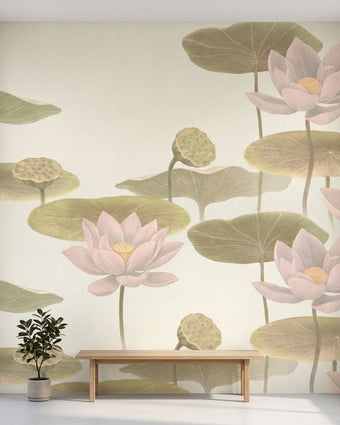 Large floral watercolour mural of lotus flowers covering an entire wall, showcasing vibrant pinks and multicoloured hues in realistic detail.
