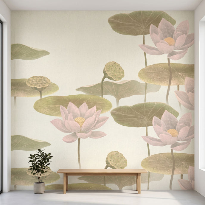 Large floral watercolour mural of lotus flowers covering an entire wall, showcasing vibrant pinks and multicoloured hues in realistic detail.