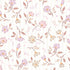 A close up of a soft pink and neutral floral wallpaper with delicate flowers and leafy sprigs on a subtle striped background.