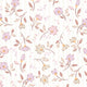 A close up of a soft pink and neutral floral wallpaper with delicate flowers and leafy sprigs on a subtle striped background.