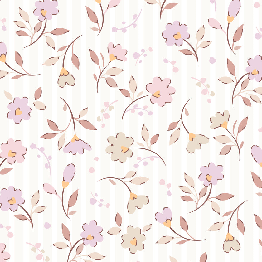 A close up of a soft pink and neutral floral wallpaper with delicate flowers and leafy sprigs on a subtle striped background.